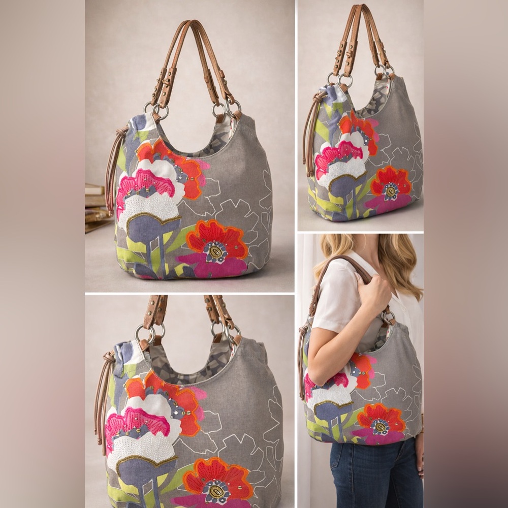 Vintage Fossil Canvas Hobo Bag With Embroidered & Sequin Floral Designs